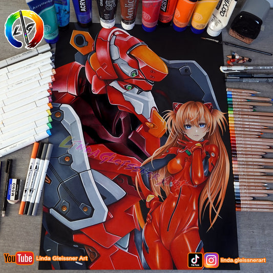 Originale Zeichnung! Asuka & EVA02